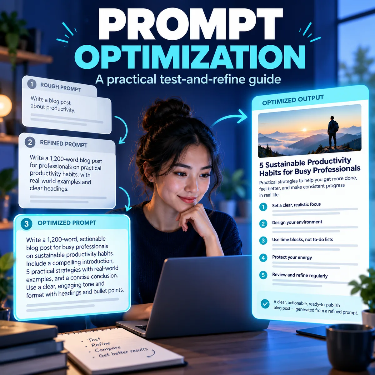 Abstract prompt optimization concept with clear instructions moving through a measured testing loop.